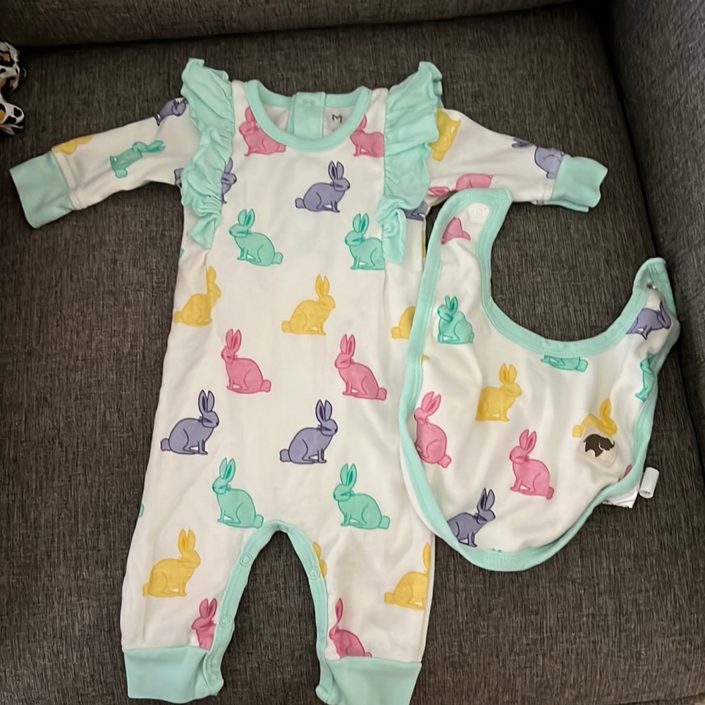 Monica and Andy one piece with ruffles and buttons plus matching bib NWT